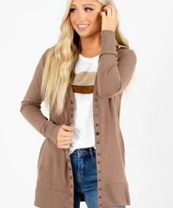 Best deal 💯 Zenana Snap Button Basic Cardigan 👏 -Outerwear Sales Basic Cardigan Brown Front 5000x
