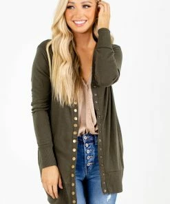 Best deal 💯 Zenana Snap Button Basic Cardigan 👏 -Outerwear Sales Basic Cardigan Dark Olive Front 5000x