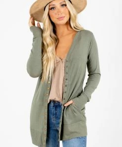 Best deal 💯 Zenana Snap Button Basic Cardigan 👏 -Outerwear Sales Basic Cardigan Light Olive Front 5000x