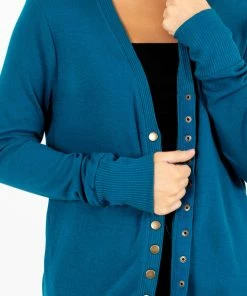 Best deal 💯 Zenana Snap Button Basic Cardigan 👏 -Outerwear Sales Basic Cardigan Teal Detail 5000x