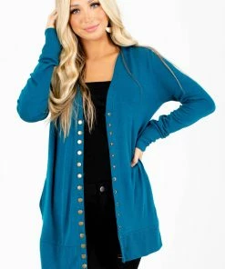 Best deal 💯 Zenana Snap Button Basic Cardigan 👏 -Outerwear Sales Basic Cardigan Teal Front 5000x