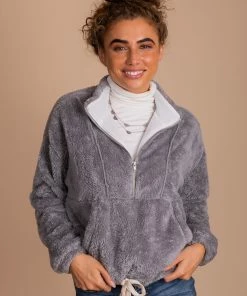 Cheapest 🤩 Kay Fashion Cozy Morning Fleece Pullover 🌟 -Outerwear Sales Fuzzy Pullover gray 5000x