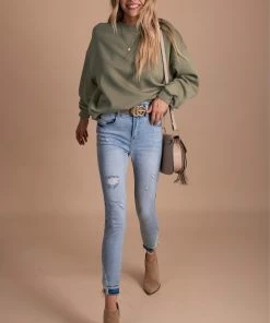 New 🌟 Zenana So Casual Fleece Crew Neck Sweatshirt ❤️ -Outerwear Sales SoCasual Crewneck Sweatshirt olive white 5000x