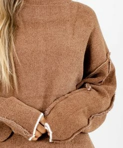 Hot Sale 🔥 Zenana The Night Is Young Soft Knit Sweater 👍 -Outerwear Sales The Night is Young Brown Sweater Detail 5000x