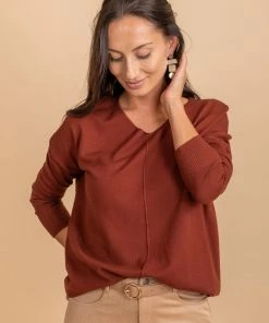 Cheap ✨ Zenana First Frost V-Neck Sweater 🤩 -Outerwear Sales rust top front 5000x